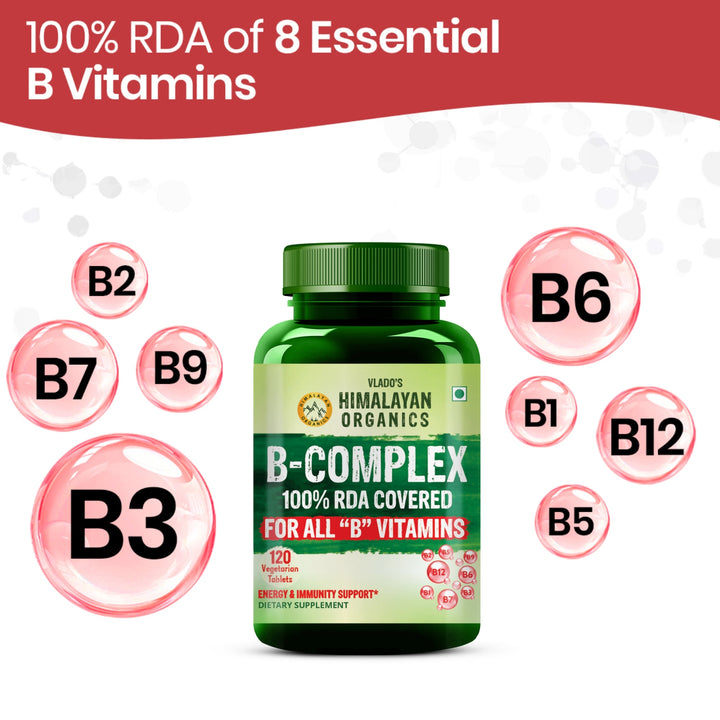 Vlado's Himalayan Organics Vitamin B Complex with 100% RDA B1, B2, B3, B5, B6, B7, B9 & B12 Supplement to Support Cognitive Health - 120 Veg Tablets