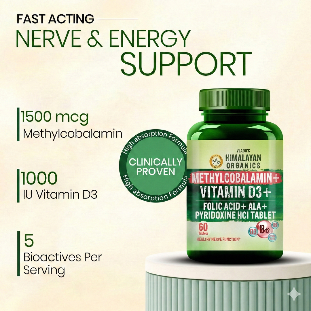 Vlado's Himalayan Organics Vitamin B12 1500mcg with Vitamin D3 | Methylcobalamin 1500mcg with Vitamin D Tablets with Alpha Lipoic Acid , Folic Acid I B12 Vitamin Tablets - Best Vitamin B-12 Supplement For Men & Women - 60 Tablets