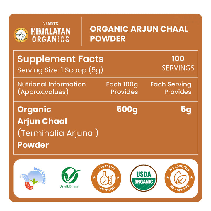 Vlado's Himalayan Organics Arjun Chaal Powder-500G |Natural & Pure Herbal Arjun Ki Chaal Powder For Men & Women I USDA Organic | To Support Heart Health & Promote Good Cholesterol