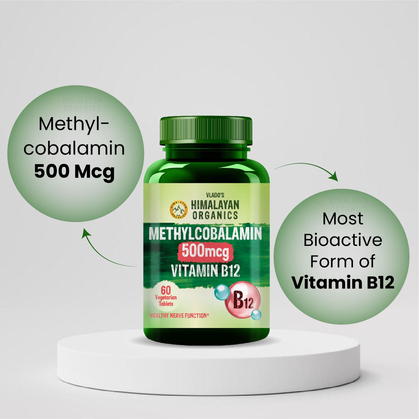 Vlado's Himalayan Organics Vitamin B12 Supplements 500 mcg - Methylcobalamin B12 Vitamin Tablets for Men & Women - 60 Veg Tablets