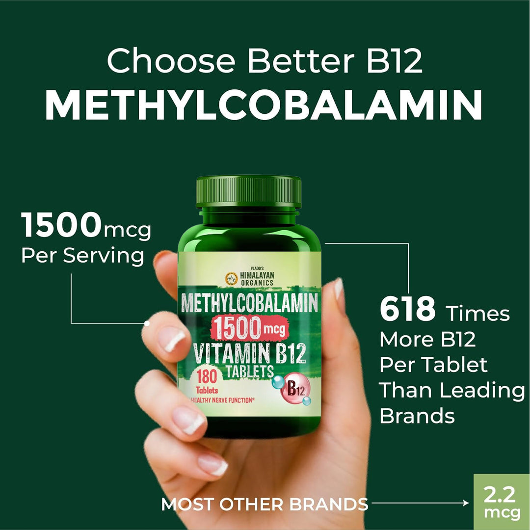 Vlado's Himalayan Organics Vitamin B12 Tablets 1500 mcg -Active form of Methylcobalamin Vitamin B12 Supplements for Men & Women- 180 Veg Tablets (6 Months Supply Pack)