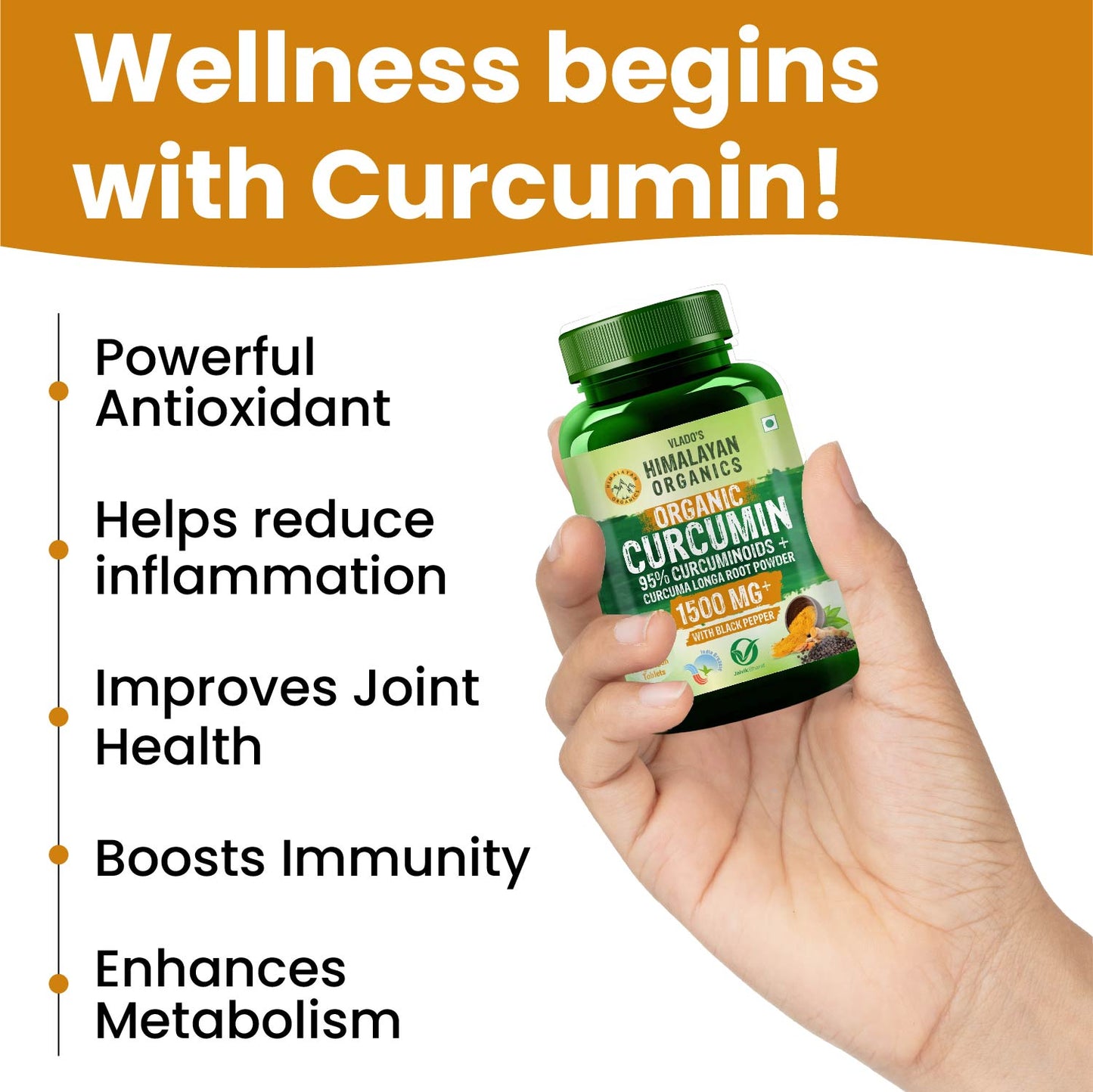 Vlado's Himalayan Organics - Organic Curcumin Tablets 1500+ Mg/Serving with Black Pepper and 95% Curcuminoids | Anti inflammatory Supplement for Adults | With Curcuma Longa, Turmeric | 60 Veg Tablets