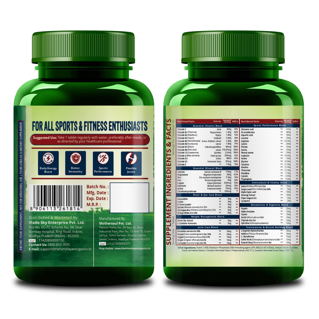 Vlado's Himalayan Organics Multivitamin Sports with 60 + Vital Nutrients & 13 Performance Blends with Enzymes – 60 Tabs