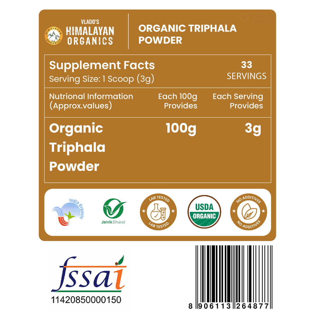 Vlado's Himalayan Organics Triphala Powder - 100 GM | Triphala Churna For Gut, Immune & Intestinal Health | Colon & Digestion, For Balanced Bowel & Gut Health, Contains Bioactives and Antioxidants, GMP & NPOP Certified Organic I Helps Relieve Constipation