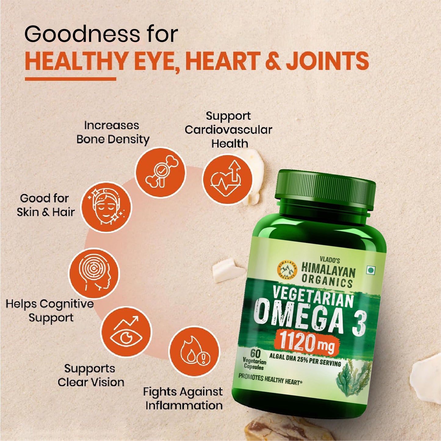 Vlado's Himalayan Organics Vegetarian Omega 3 - 1120 MG Supplement | 3X Strength | Veg DHA | Vegetarian Omega 3 | Algal DHA | Plant Based | No Fish oil Used I Healthy Heart, Joints & Eyes I Omega Capsules for Men & Women- 60 Veg Capsules