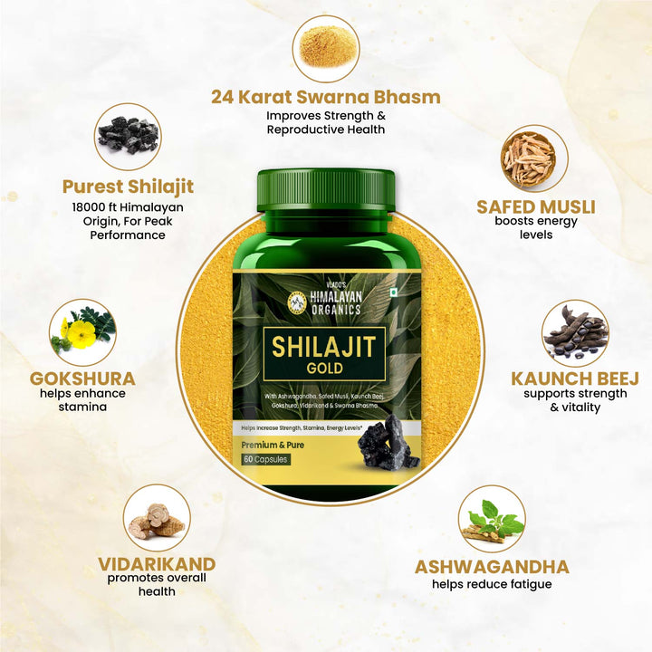 Vlado's Himalayan Organics Pure Shilajit 24 carat Gold with Ashwagandha, Safed musli, Kaunch beej , Gokshura Swarna & Rajat Bhasma +10 more Ayurvedic herbs - -Boost Stamina, Strenght, Energy Power, Build Muscle Mass - 60 Veg Capsules