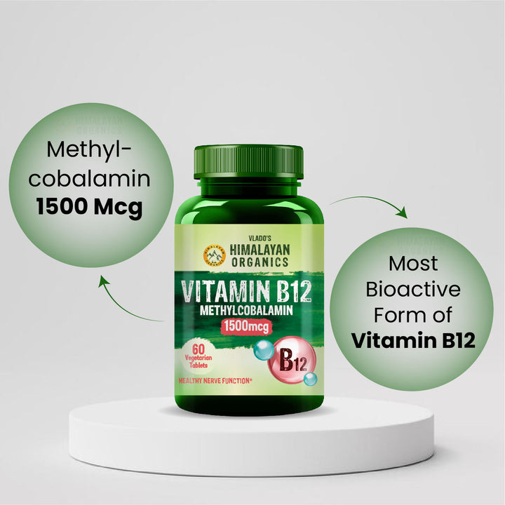Vlado's Himalayan Organics Vitamin B12 Tablets 1500 mcg -Active form of Methylcobalamin Vitamin B12 Supplements for Men & Women- 60 Veg Tablets
