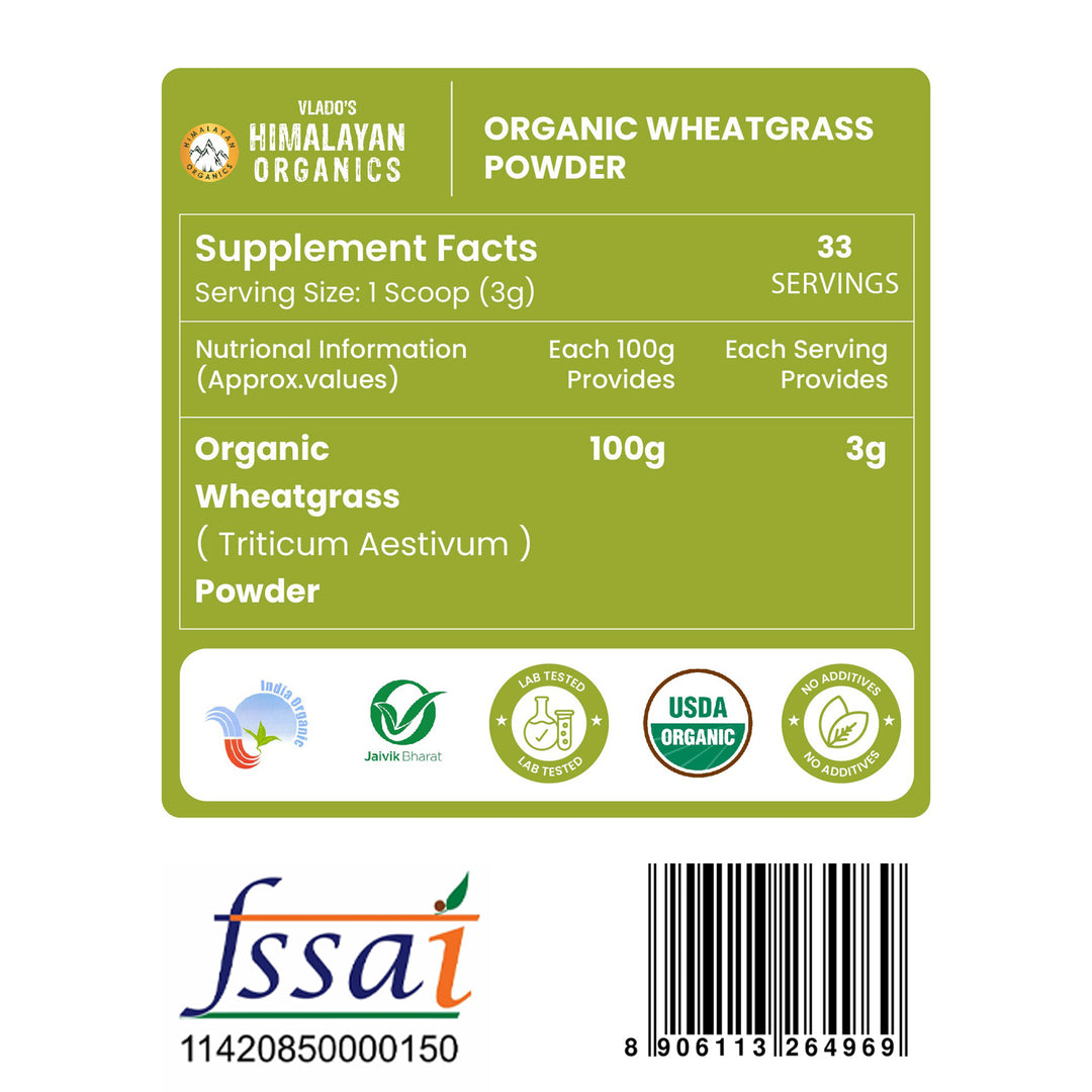 Vlado's Himalayan Organics Natural Organic Wheatgrass Powder | USDA Certified I Wheat Grass Powder | Organic Wheatgrass Juice | Ayurvedic Support For Natural Detox | Immunity Booster | Herbal Supplement - 100g