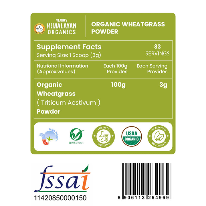 Vlado's Himalayan Organics Natural Organic Wheatgrass Powder | USDA Certified I Wheat Grass Powder | Organic Wheatgrass Juice | Ayurvedic Support For Natural Detox | Immunity Booster | Herbal Supplement - 100g