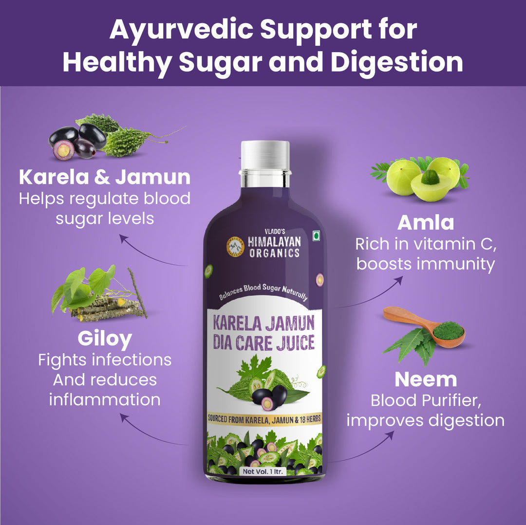 Vlado's Himalayan Organics Karela Jamun Diabetic Care Juice with Neem, Amla, Giloy, Gudmar, Methi, Shatavari, Arjun I Made with 18+ Clinically Proven Natural 100% Ayurvedic Potent Herbs I For Diabetic & Sugar Control I Dia Free Diabic Care Juice - 1L