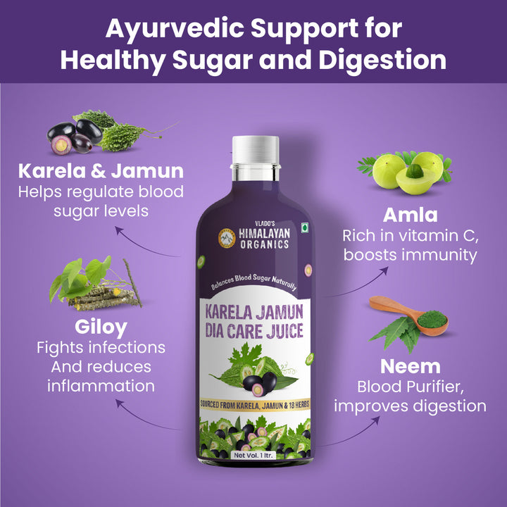 Vlado's Himalayan Organics Karela Jamun Diabetic Care Juice with Neem, Amla, Giloy, Gudmar, Methi, Shatavari, Arjun I Made with 18+ Clinically Proven Natural 100% Ayurvedic Potent Herbs I For Diabetic & Sugar Control I Dia Free Diabic Care Juice - 1L