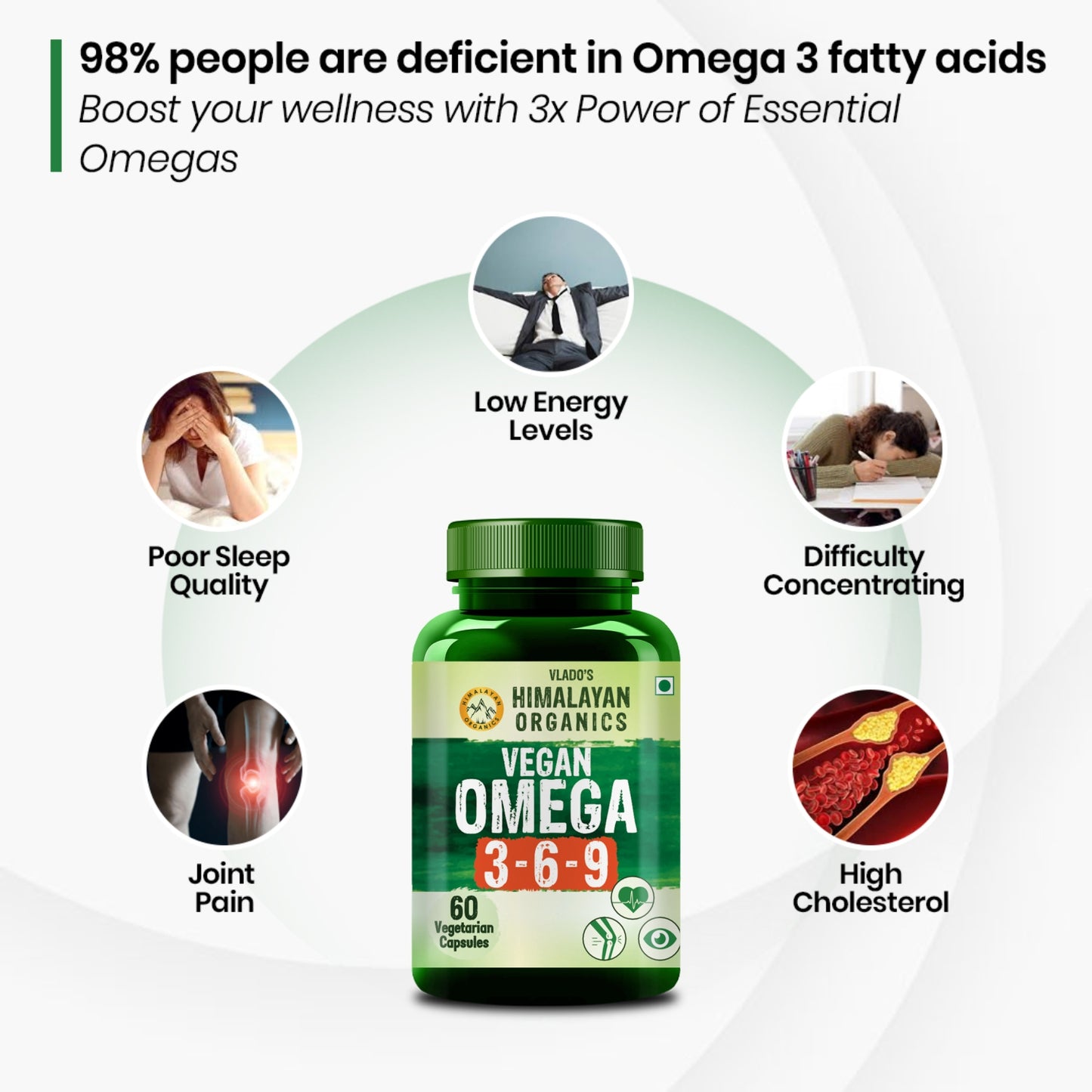 Vlado’s Himalayan Organics Omega 3 6 9 Vegan Natural Nutrition Supplement for Muscle, Bone, Heart & Skin - 60 Capsules
