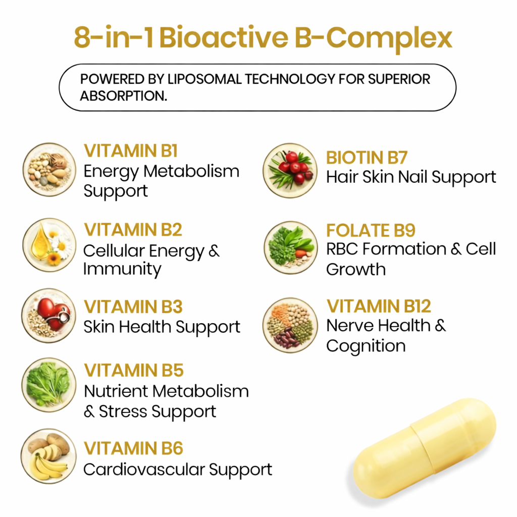 Vlado’s Himalayan Organics Liposomal Vitamin B Complex with 100% RDA B1, B2, B3, B5, B6, B9 & B12 | Hair Growth, Boost Energy And Immunity (60 Capsules)