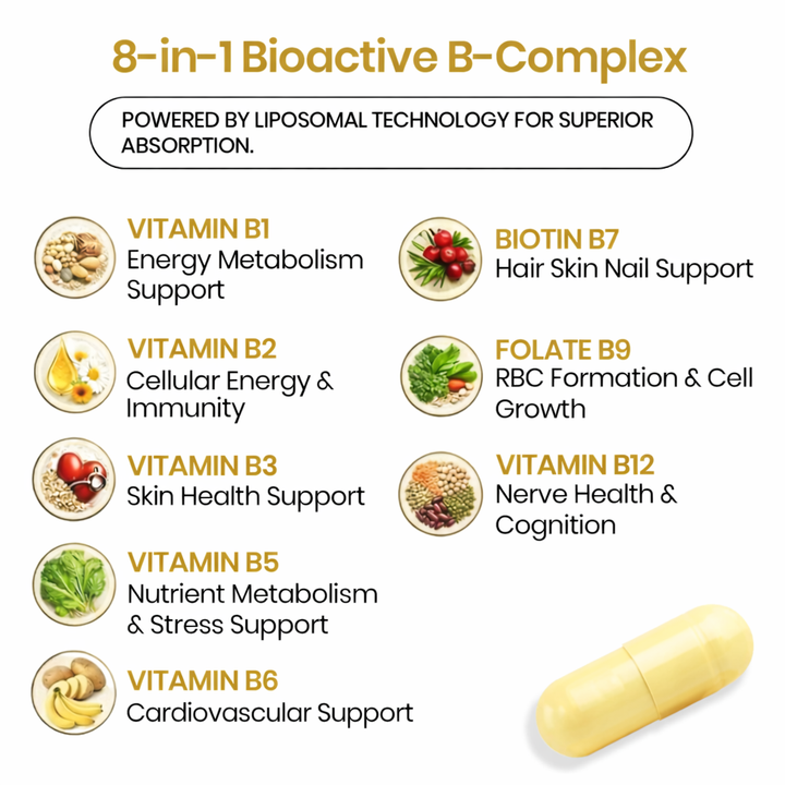 Vlado’s Himalayan Organics Liposomal Vitamin B Complex with 100% RDA B1, B2, B3, B5, B6, B9 & B12 | Hair Growth, Boost Energy And Immunity (60 Capsules)