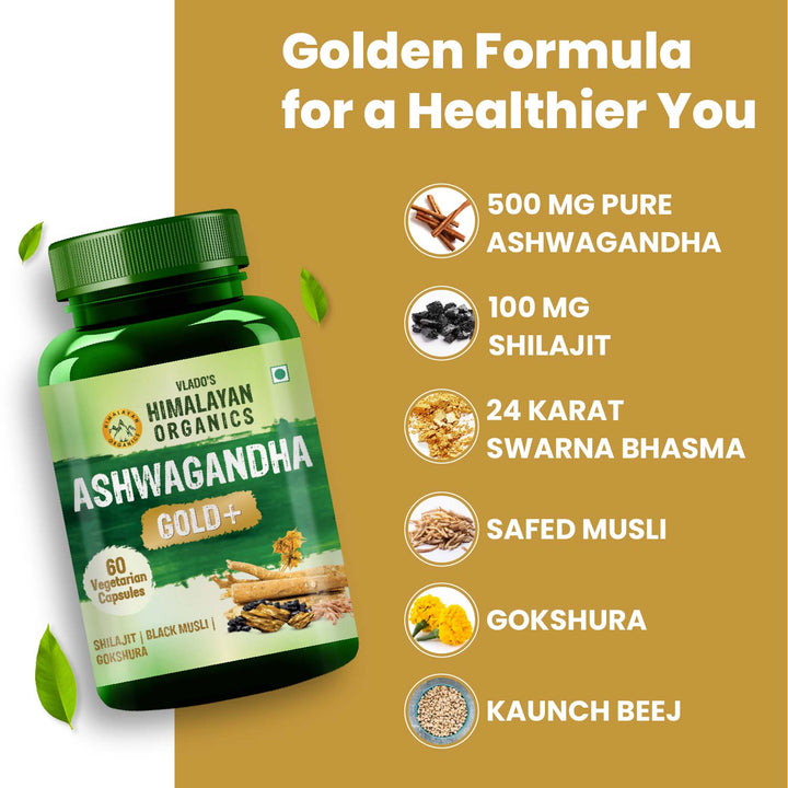 Vlado's Himalayan Organics Ashwagandha Gold | Supports Strength, Energy & Immunity | 60 Veg Capsules