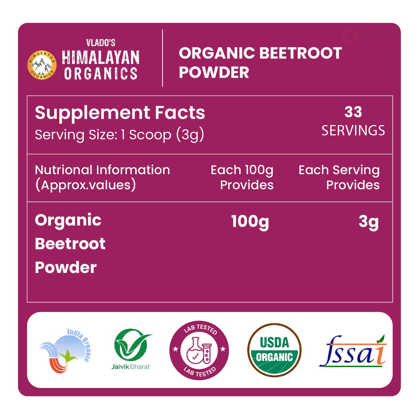 Vlado's Himalayan Organics Beetroot Powder For Face, Skin & Hair I Drinking | Eating | 100% Pure | Boost Energy | Shining Skin | Rich In Antioxidants Natural Brightening, Anti-Aging & Glowing Complexion 100g
