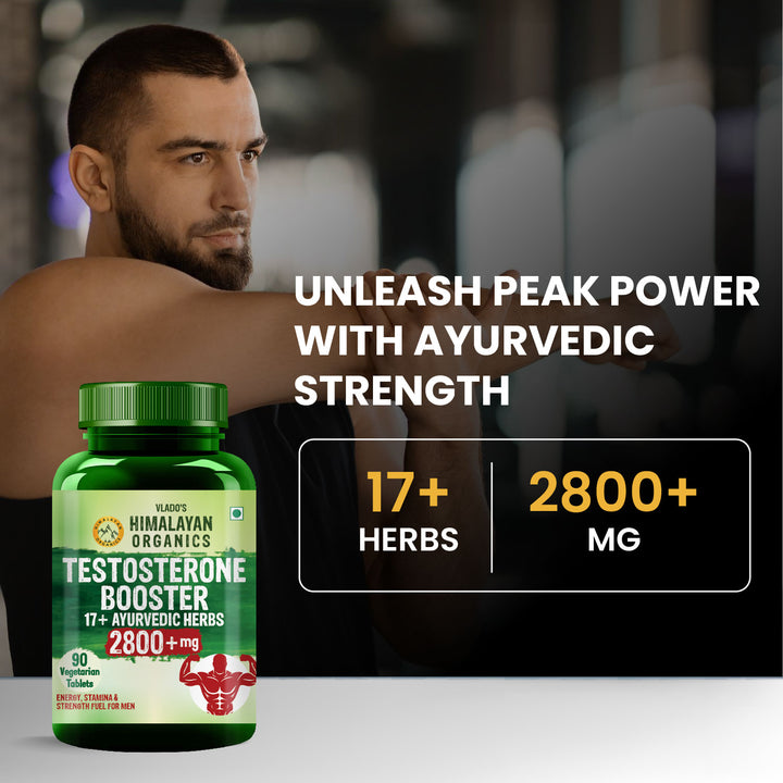 Vlado's Himalayan Organics Testosterone Booster for Men – 2800mg | With Ashwagandha, Shilajit, Kaunch Beej, Musli, Gokshura, Ginseng, Gold Bhasma & 17+ Ayurvedic Herbs | Boost Strength, Stamina, Energy & Muscle Growth - 90 Veg Tablets