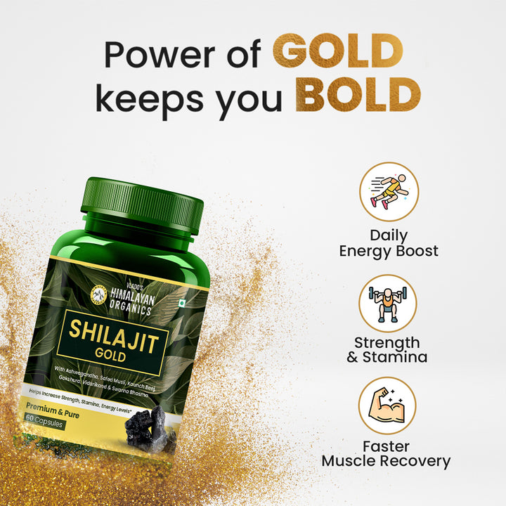 Vlado's Himalayan Organics Pure Shilajit 24 carat Gold with Ashwagandha, Safed musli, Kaunch beej , Gokshura Swarna & Rajat Bhasma +10 more Ayurvedic herbs - -Boost Stamina, Strenght, Energy Power, Build Muscle Mass - 60 Veg Capsules