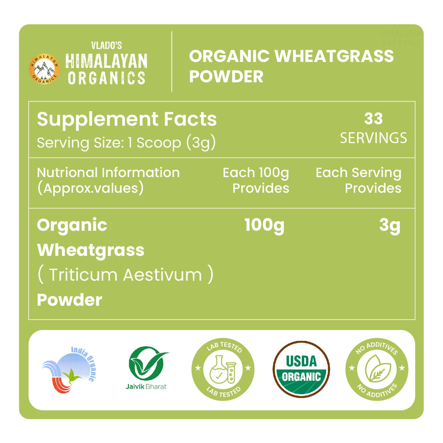 Vlado's Himalayan Organics 100% Natural Organic Wheatgrass Powder | USDA Certified I Wheat Grass Powder | Organic Wheatgrass Juice | Ayurvedic Support For Natural Detox | Immunity Booster | Herbal Supplement - 100g