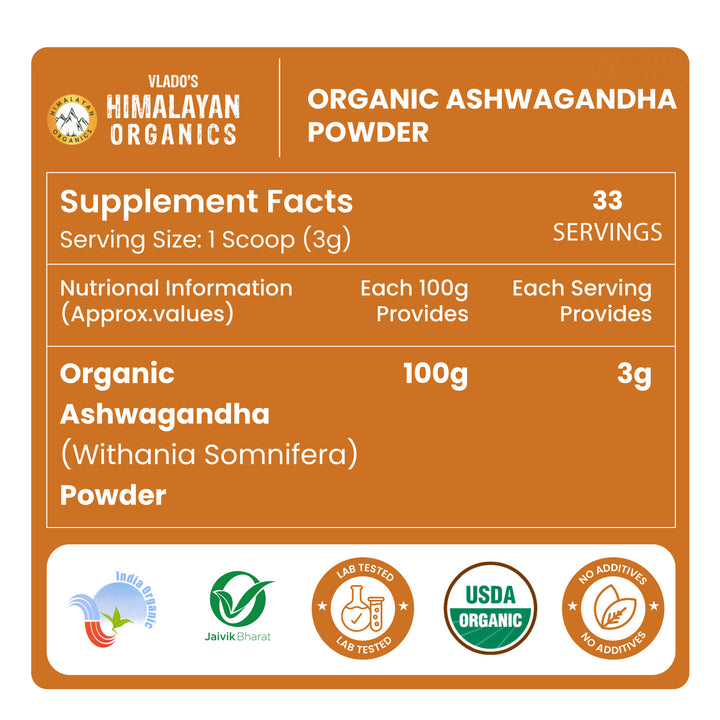 Vlado's Himalayan Organics |Organic Ashwagandha Powder 100gm - Withania Somnifera | Pure Ashwagandha Powder Organic -Support Muscle Recovery & Boost Energy Level | USDA Certified for Vitality, Strength & Stress Management | 100gm