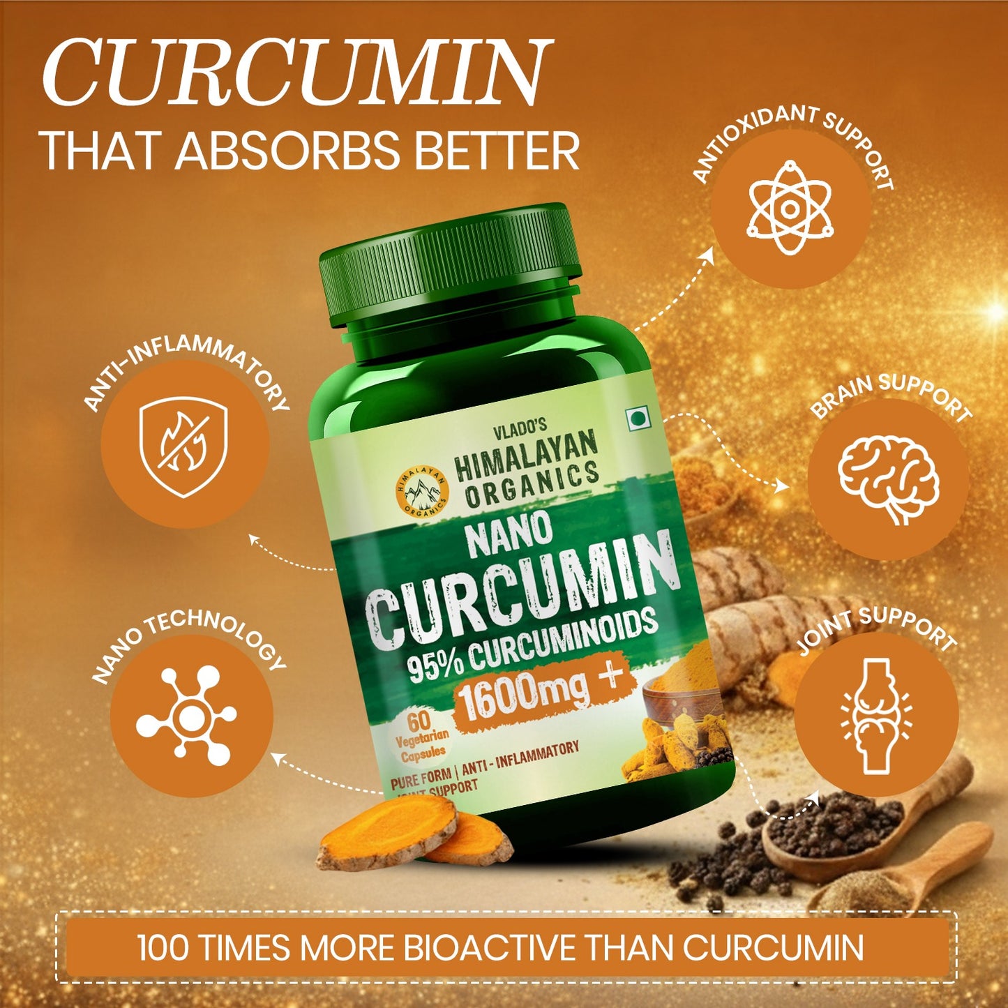 Vlado's Himalayan Organics Curcumin 1600mg+ | Extra-Pure Nano Curcumin Capsules with 95% Curcuminoids | Turmeric & Piperine | Joint Support Supplement for Men & Women - 60 Capsules