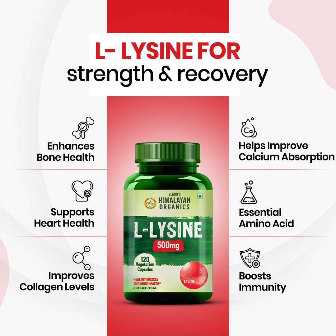 Vlado’s Himalayan Organics L-Lysine 500mg Essential Amino Acid | Supports Heart Health | Boosts Immunity | Improve Bone Health- 120 Veg Capsules