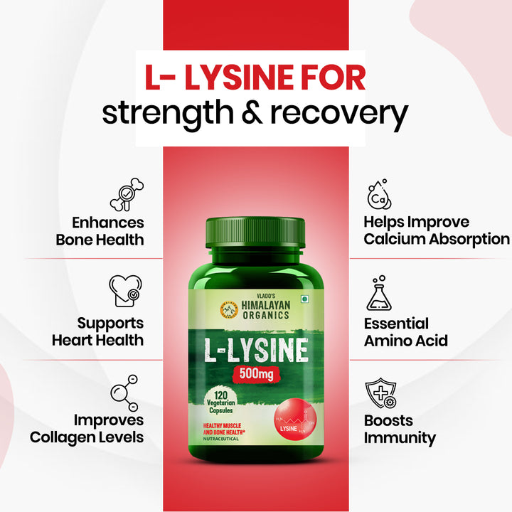 Vlado’s Himalayan Organics L-Lysine 500mg Essential Amino Acid | Supports Heart Health | Boosts Immunity | Improve Bone Health- 120 Veg Capsules