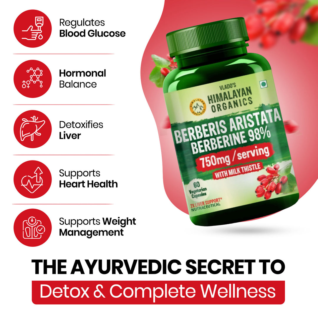 Vlado's Himalayan Organics Berberis Aristata Berberine 98% with Milk Thistle for 2X Liver Support - 60 Capsules