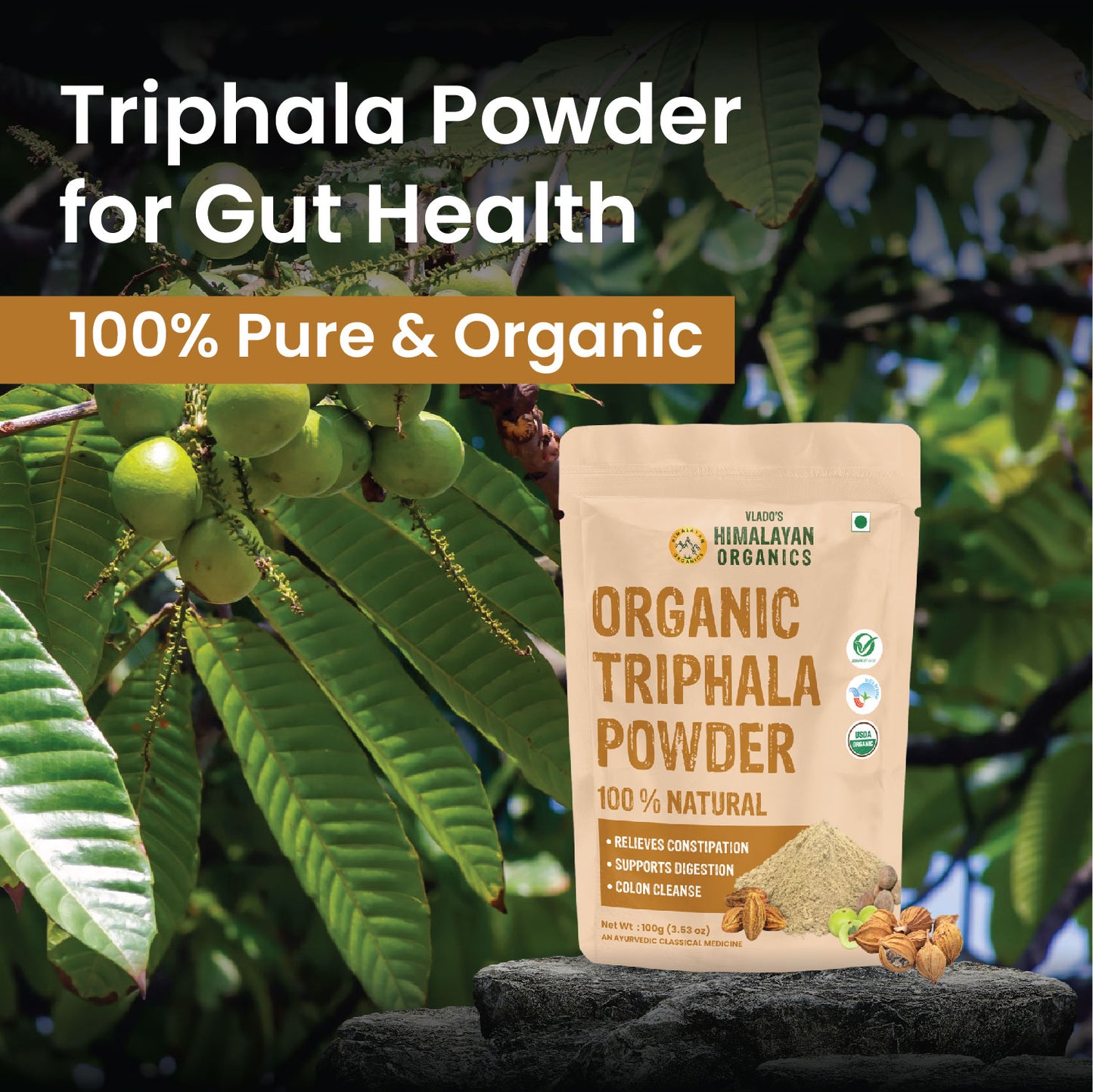 Vlado's Himalayan Organics Triphala Powder - 100 GM | Triphala Churna For Gut, Immune & Intestinal Health | Colon & Digestion, For Balanced Bowel & Gut Health, Contains Bioactives and Antioxidants, GMP & NPOP Certified Organic I Helps Relieve Constipation