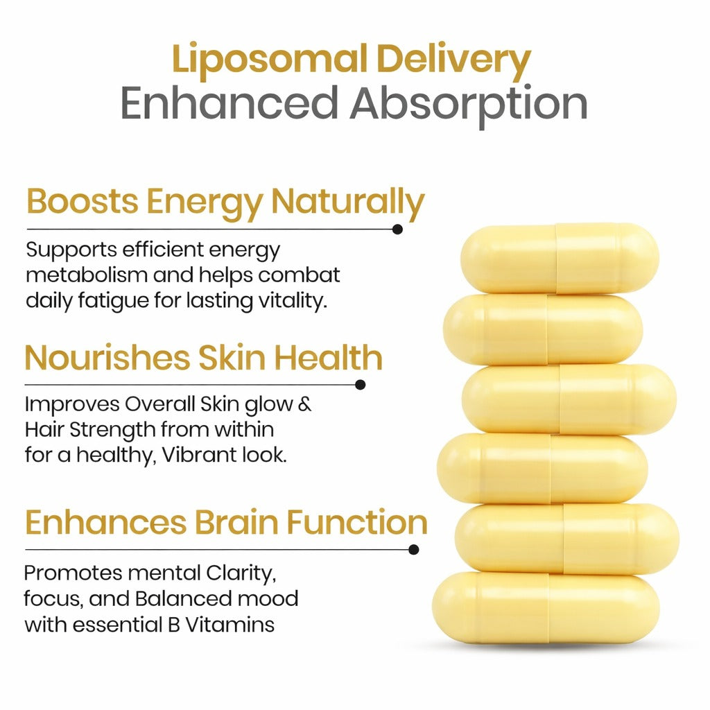 Vlado’s Himalayan Organics Liposomal Vitamin B Complex with 100% RDA B1, B2, B3, B5, B6, B9 & B12 | Hair Growth, Boost Energy And Immunity (60 Capsules)