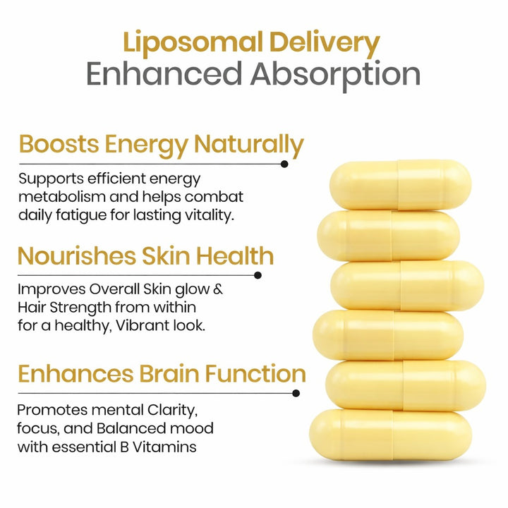 Vlado’s Himalayan Organics Liposomal Vitamin B Complex with 100% RDA B1, B2, B3, B5, B6, B9 & B12 | Hair Growth, Boost Energy And Immunity (60 Capsules)