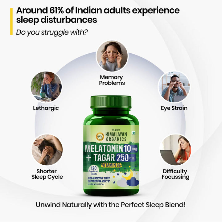 Vlado's Himalayan Organics Melatonin 10mg + Tagar 250mg | Non-Habit Forming, Potent Sleep Aid Formula  - 120 Veg Tabs