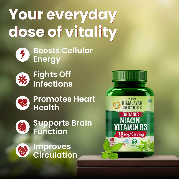 Vlado's Himalayan organics - Organic Niacin (Vitamin B3 ) 18 mg / Serving -  for Vascularity & Increase Cellular Energy - 45  Veg Tablets