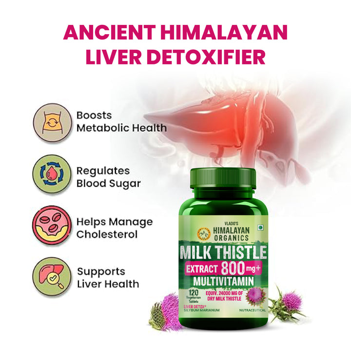 Vlado's Himalayan Organics Milk Thistle Extract With 800Mg Of Silybum Marianum Detox Supplement For Men And Women For Healthy Liver | Boost Metabolism And Maintain Cholesterol level - 120 Vegetarian Tablets