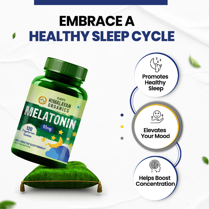 Vlado's Himalayan Organics Melatonin 10 MG Healthy Sleep Cycle | Helps Stress & Anxiety Relief | Improve Concentration | Non-Habit Forming (120 Tablets)