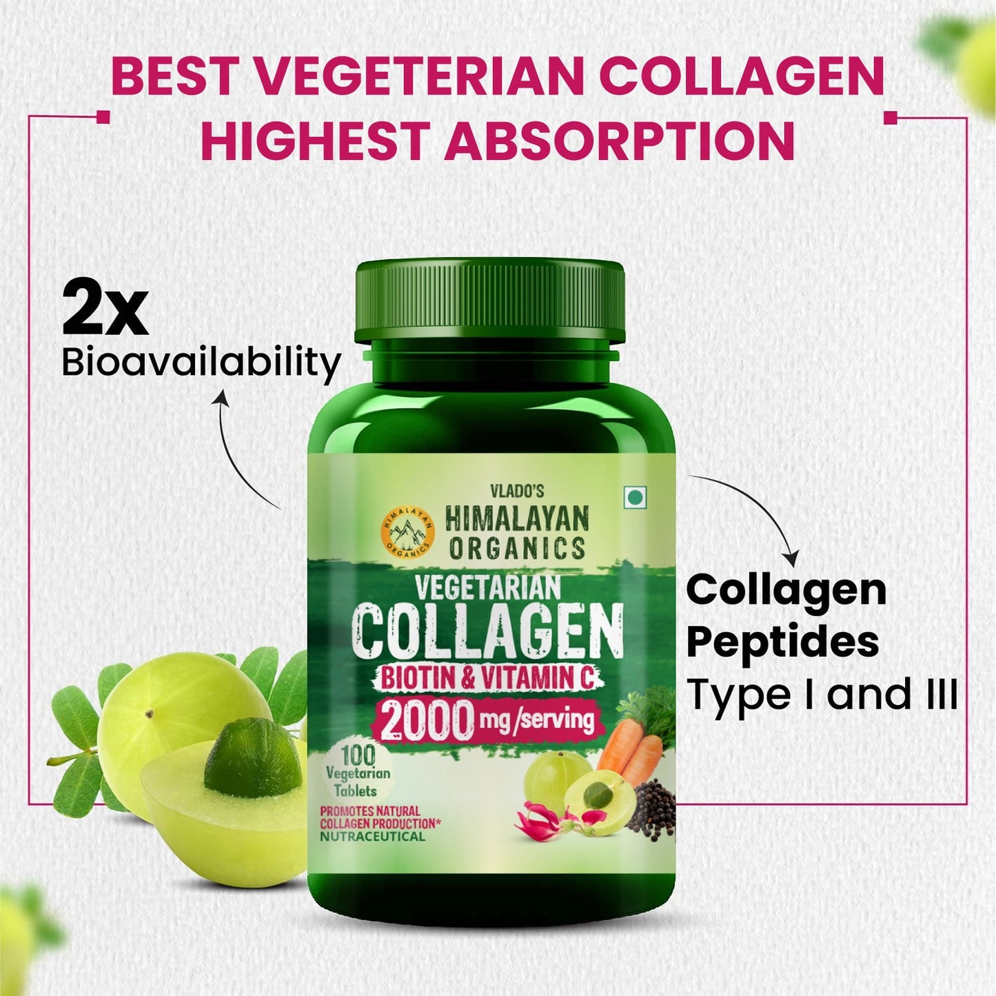 Vlado's Himalayan Organics Vegetarian Collagen 2000Mg With Biotin And Vitamin C  (100 Tablets)