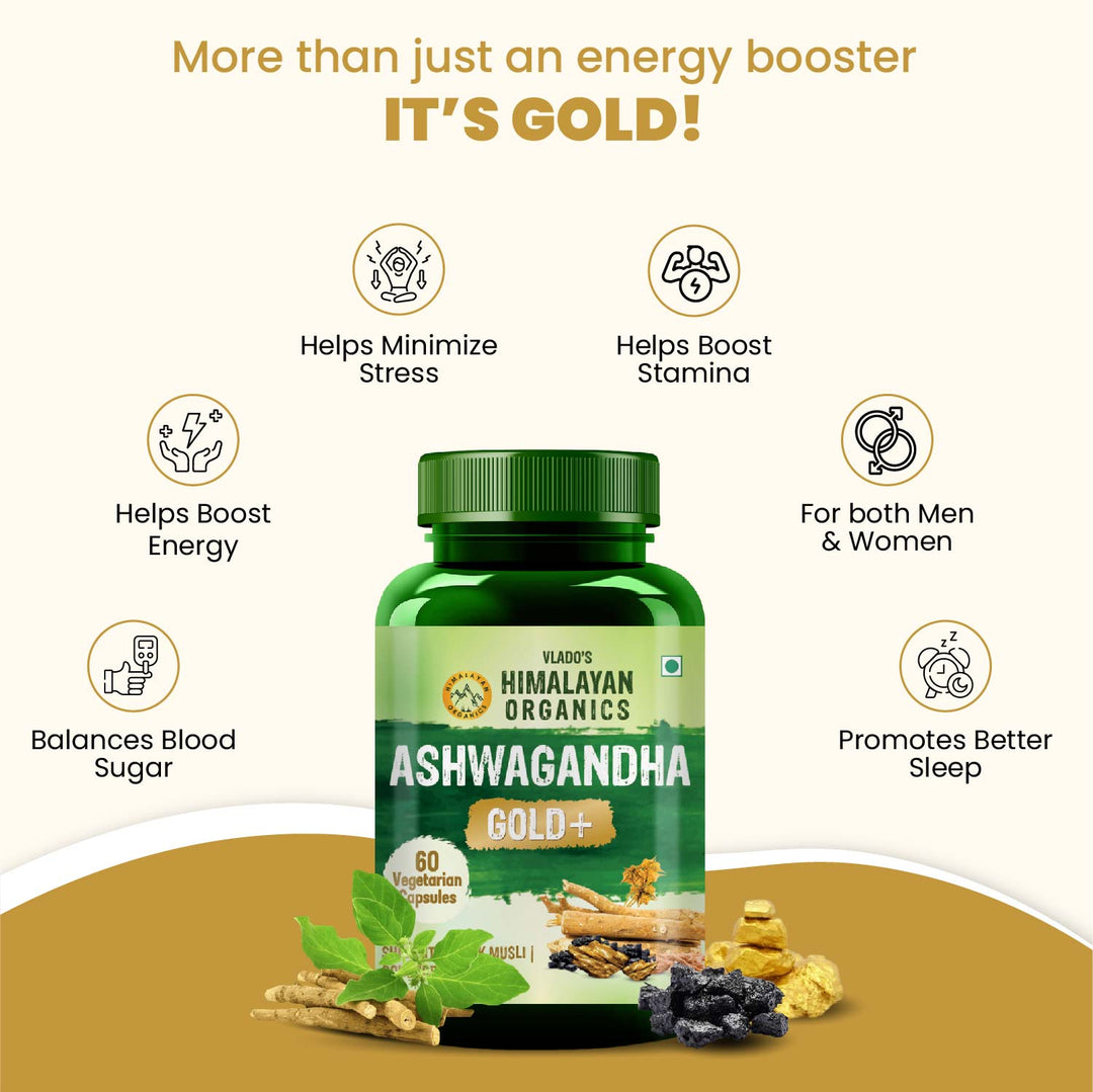 Vlado's Himalayan Organics Ashwagandha Gold | Supports Strength, Energy & Immunity | 60 Veg Capsules