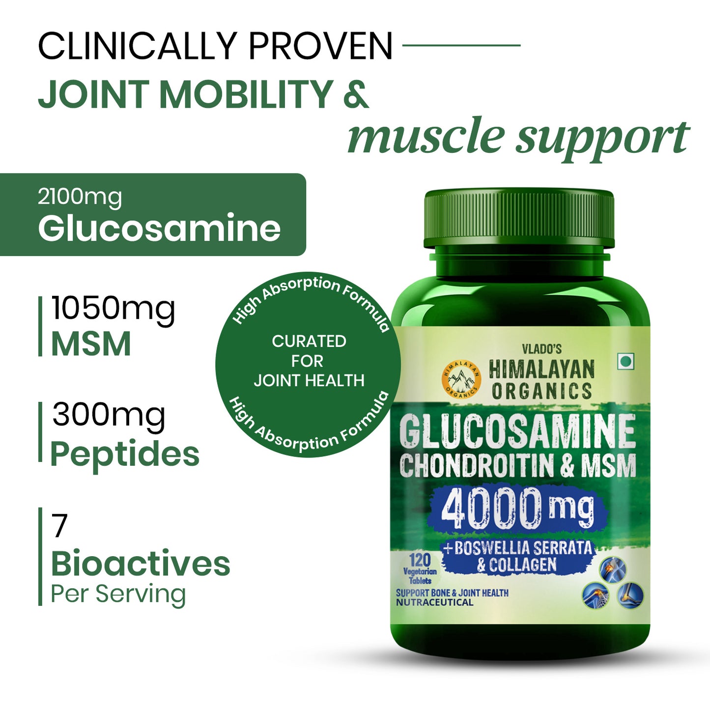 Vlado’s Himalayan Organics Glucosamine Chondroitin MSM Tablets | Cartilage & Joint Support Supplement | Glucosamine for Joint Relieves Pain and Stiffness I Added Collagen peptides, Curcuma, Vitamin D & Boswellia - Pure Veg Formula - 120 Vegetarian Tablets