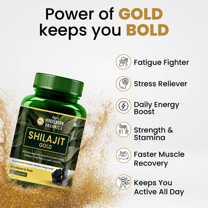 Vlado's Himalayan Organics Pure Shilajit 24 carat Gold with Ashwagandha, Safed musli, Kaunch beej , Gokshura Swarna & Rajat Bhasma +10 more Ayurvedic herbs - -Boost Stamina, Strenght, Energy Power, Build Muscle Mass - 60 Veg Capsules