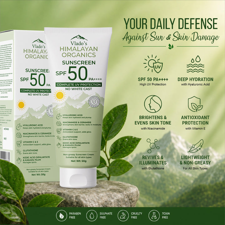 Vlado's Himalayan Organics Sunscreen SPF 50 PA+++ with Hyaluronic Acid, Niacinamide, Glutathione, Vitamins C & E, Kojic Acid, Kakadu Plum & Ceramide | No White Cast | 12H Protection | All Skin Types | Men & Women