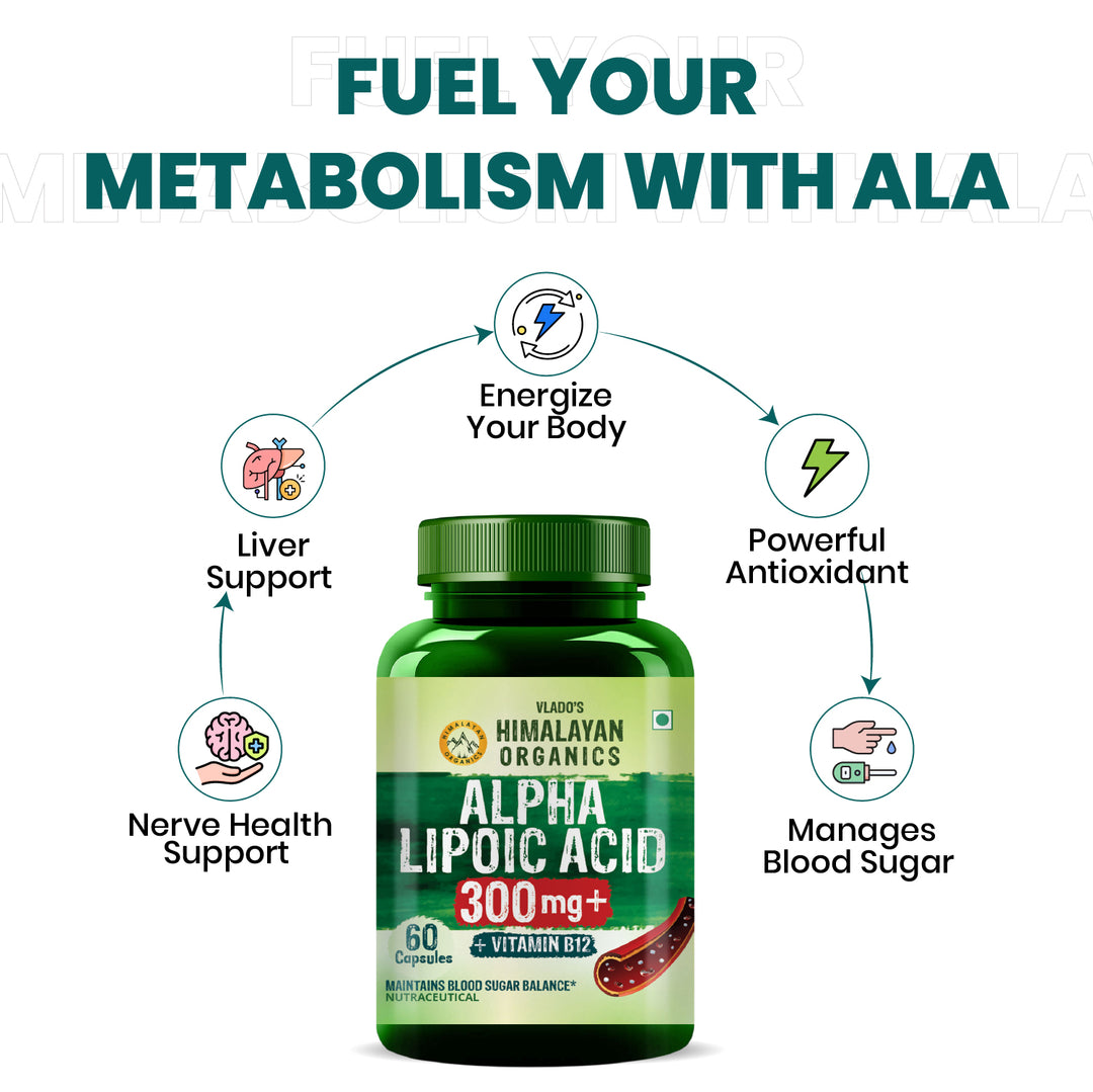Vlado's Himalayan Organics Alpha Lipoic Acid 300mg | Boost Liver Function, Healthy Blood Sugar, Antioxidant | Good For Nerves And Heart Functioning - 60 Veg Capsules