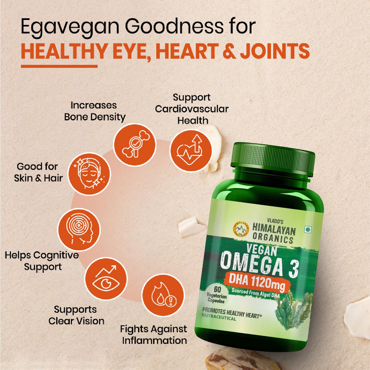 Vlado's Himalayan Organics Vegan Omega 3 - 1120 MG Supplement | 3X Strength | Veg DHA | Vegetarian Omega 3 | Algal DHA | Plant Based | No Fish oil Used I Healthy Heart, Joints & Eyes I Omega Capsules for Men & Women- 60 Veg Capsules
