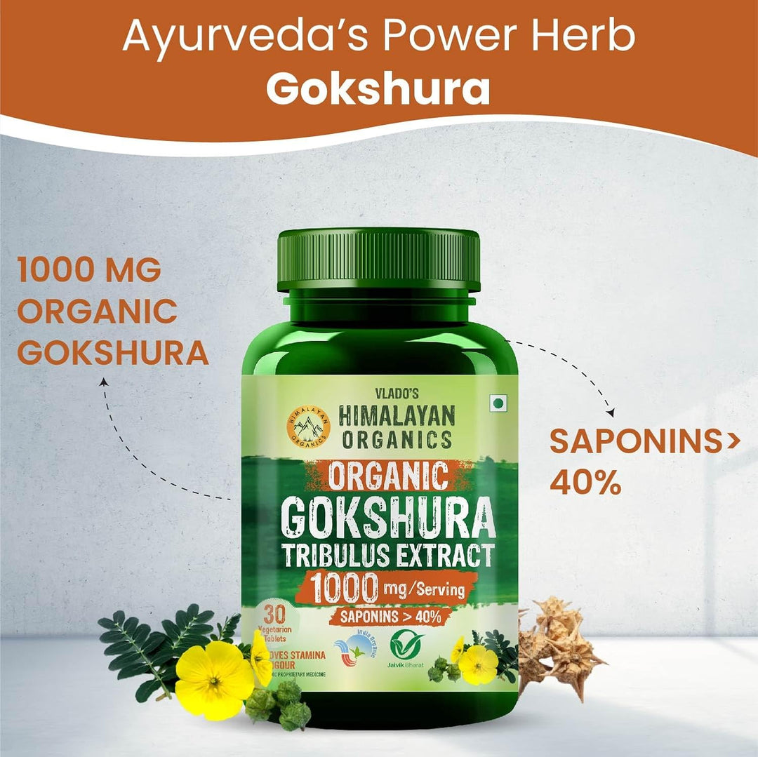 Vlado's Himalayan Organics - Organic Gokshura Tablets - 1000mg Gokhru / Serving -  Tribulus Terrestris for Men & Women | Improves Energy, Muscle Strength, Stamina & Supports Recovery
