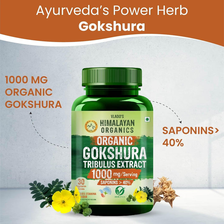 Vlado's Himalayan Organics - Organic Gokshura Tablets - 1000mg Gokhru / Serving -  Tribulus Terrestris for Men & Women | Improves Energy, Muscle Strength, Stamina & Supports Recovery