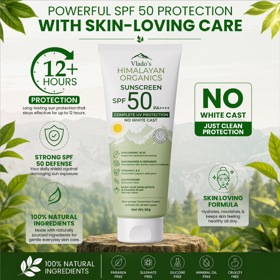 Vlado's Himalayan Organics Sunscreen SPF 50 PA+++ with Hyaluronic Acid, Niacinamide, Glutathione, Vitamins C & E, Kojic Acid, Kakadu Plum & Ceramide | No White Cast | 12H Protection | All Skin Types | Men & Women