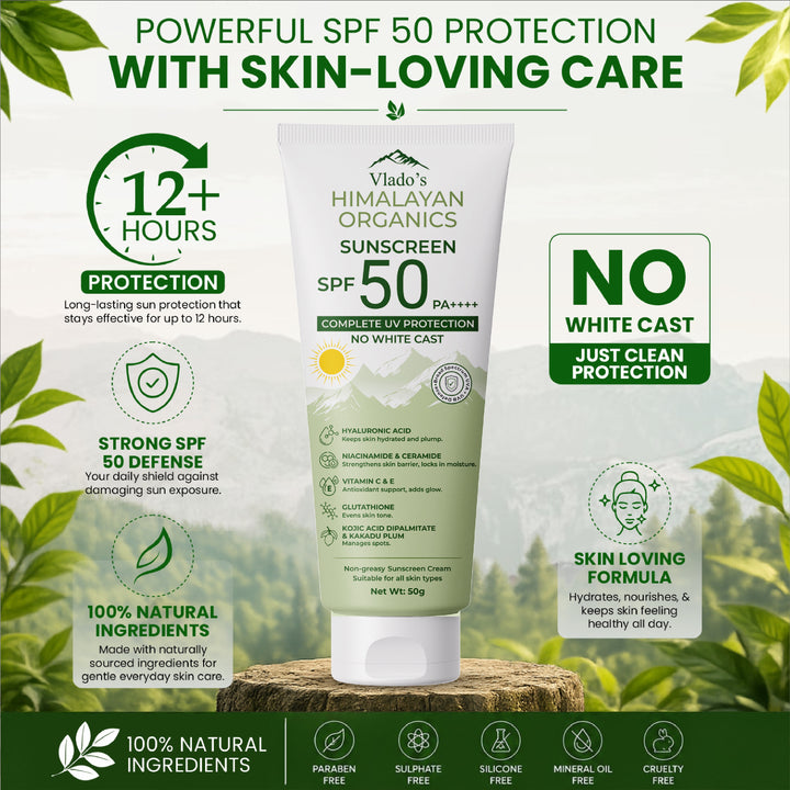 Vlado's Himalayan Organics Sunscreen SPF 50 PA+++ with Hyaluronic Acid, Niacinamide, Glutathione, Vitamins C & E, Kojic Acid, Kakadu Plum & Ceramide | No White Cast | 12H Protection | All Skin Types | Men & Women