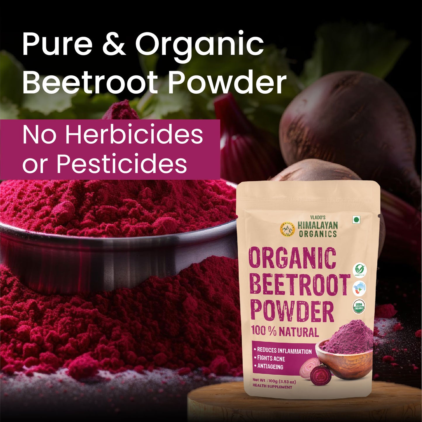 Vlado's Himalayan Organics Beetroot Powder For Face, Skin & Hair I Drinking | Eating | 100% Pure | Boost Energy | Shining Skin | Rich In Antioxidants Natural Brightening, Anti-Aging & Glowing Complexion 100g