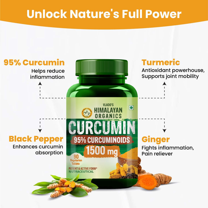 Vlado's Himalayan Organics Curcumin With Biopiperine 1500mg Tablets With 95% Curcuminoids Supplements For Better Absorption | Good For Skin & Joint pains | Immunity Booster for Men And Women - 90 Veg Tablets