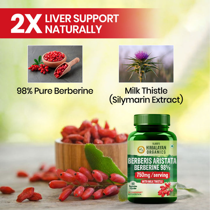 Vlado's Himalayan Organics Berberis Aristata Berberine 98% with Milk Thistle for 2X Liver Support - 60 Capsules