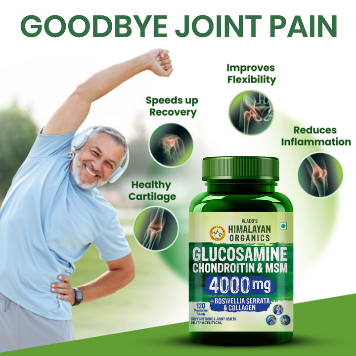 Vlado’s Himalayan Organics Glucosamine Chondroitin MSM Tablets | Cartilage & Joint Support Supplement | Glucosamine for Joint Relieves Pain and Stiffness I Added Collagen peptides, Curcuma, Vitamin D & Boswellia - Pure Veg Formula - 120 Vegetarian Tablets